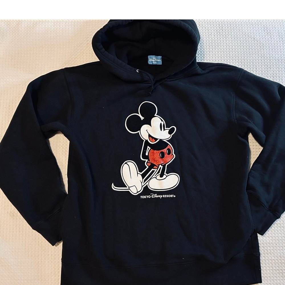 Tokyo Disney Resort Mickey Mouse Hoodie Men's XL Fleece Red Glitter Black Japan